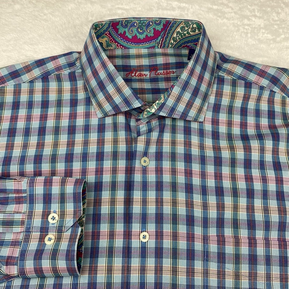 Alan Flusser Men's XL Dress Shirt‎ Multicolor Plaid Paisley Trim Long Sleeve